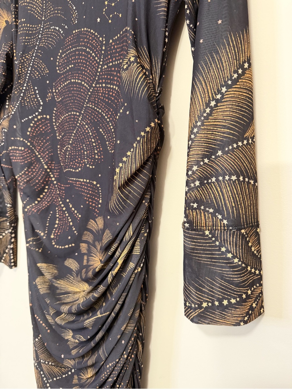 FARM Rio Black Golden Foliage Tulle Midi Dress - Stretch Mesh NWT - Size L - Picture 6 of 10